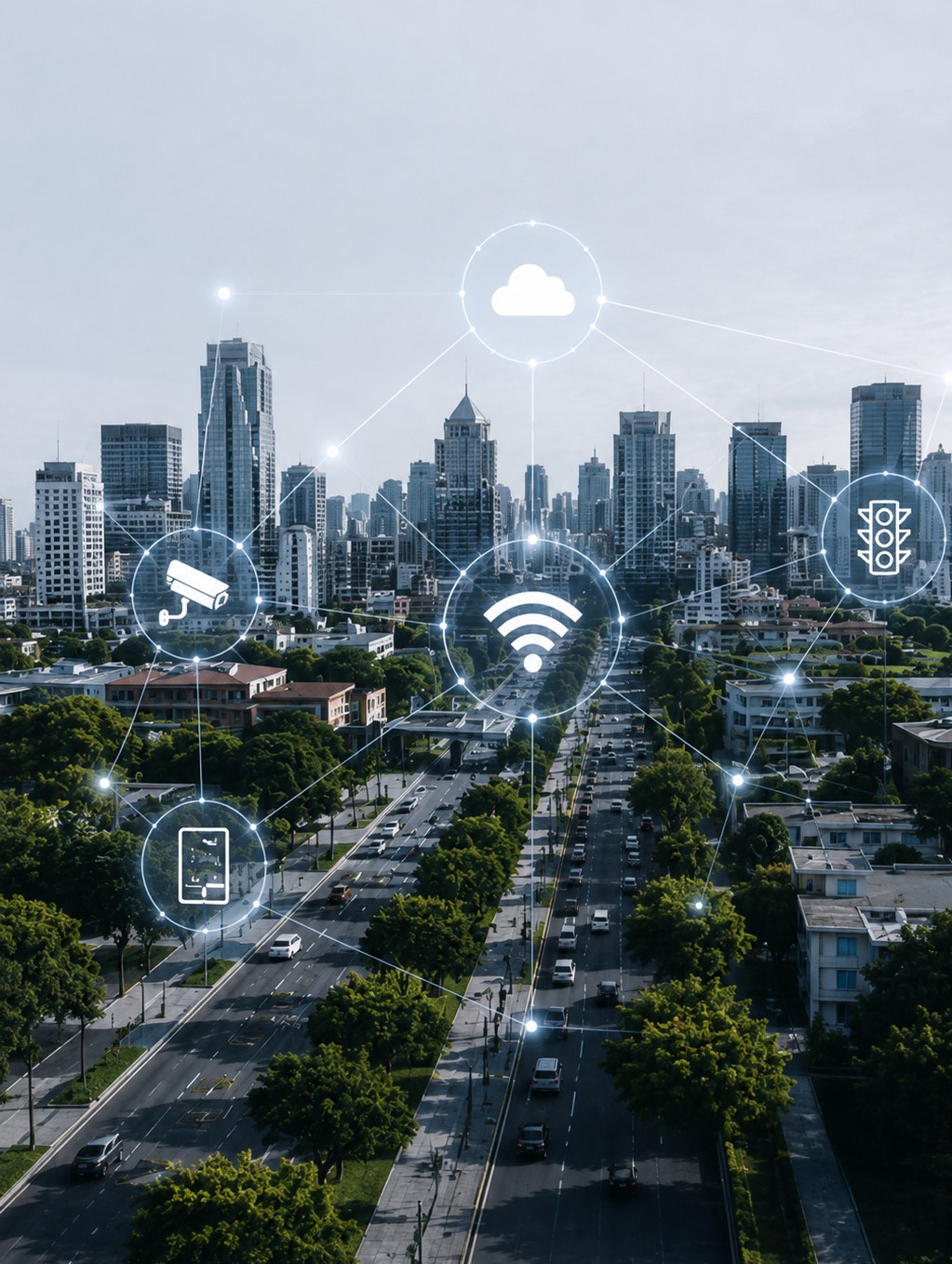 Vista aérea de avenida urbana com câmeras, semáforo e sensores conectados numa mesma rede